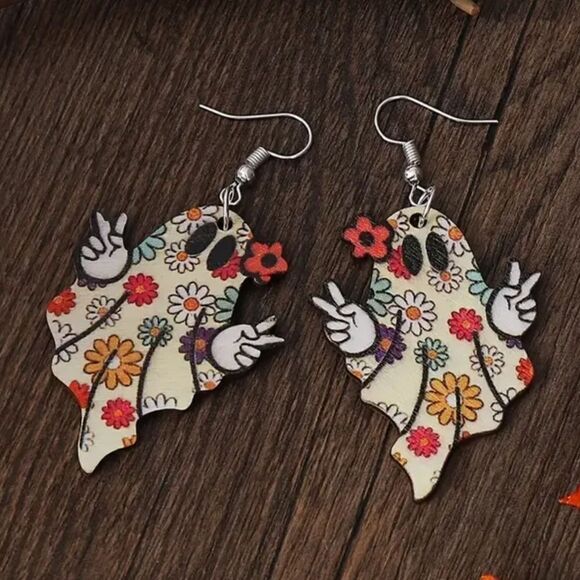 Groovy Hippie Halloween Flower Ghost Earrings 👻 - Picture 1 of 3